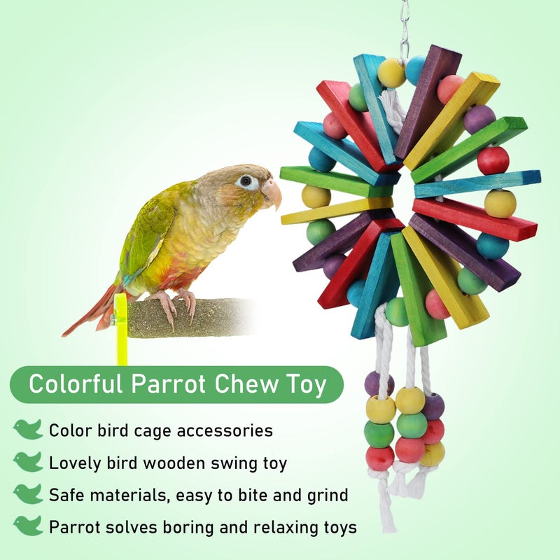 Litewoo Parrot Hanging Chew Toy Bird Bite Swing with Colorful Wood Beads Bells for Parrot Macaw African Greys Cockatiels Cage Accessories (Colorful Wood Toy) - Image 3